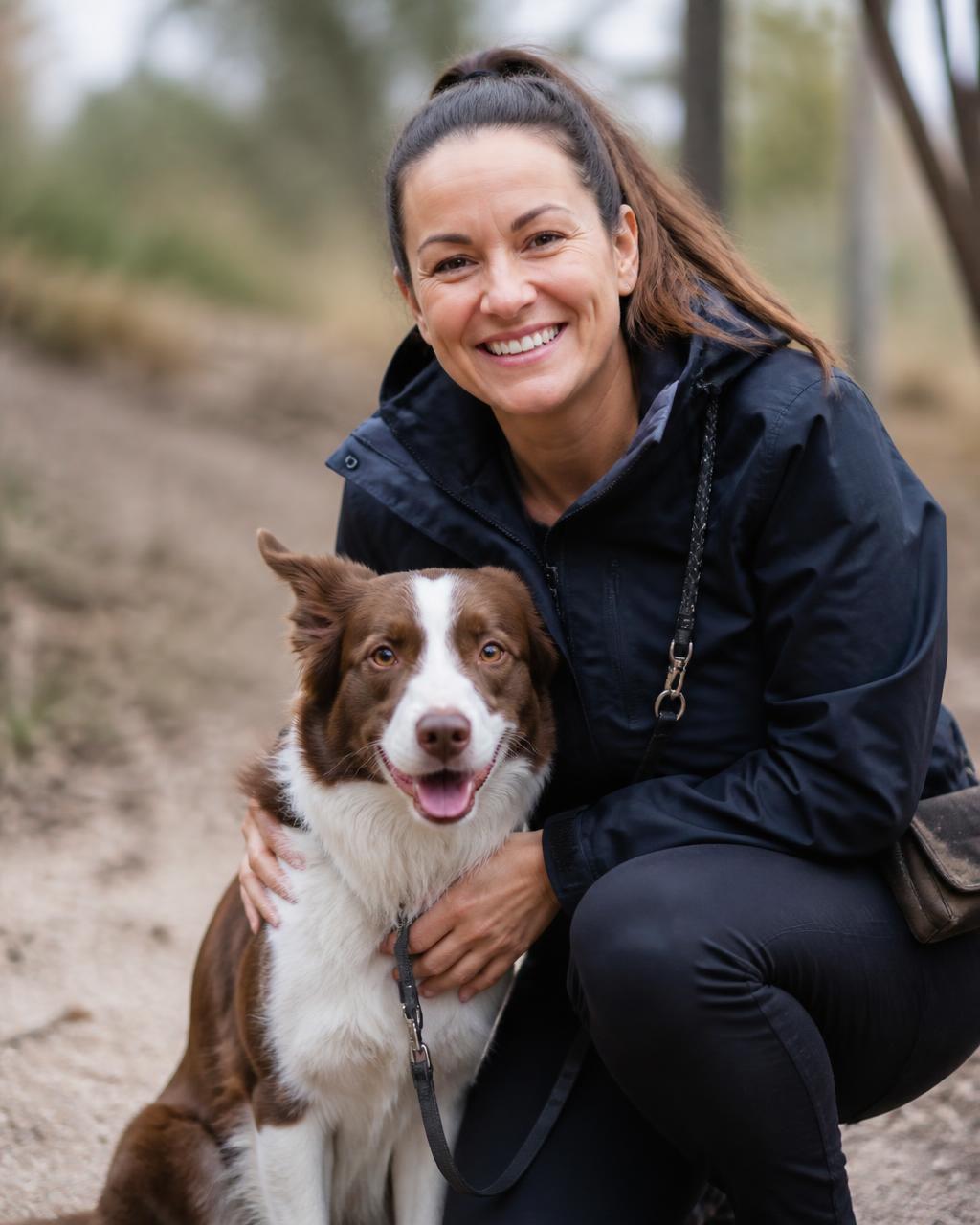Anna Ashmore, professional dog trainer, kneeling beside a labrador