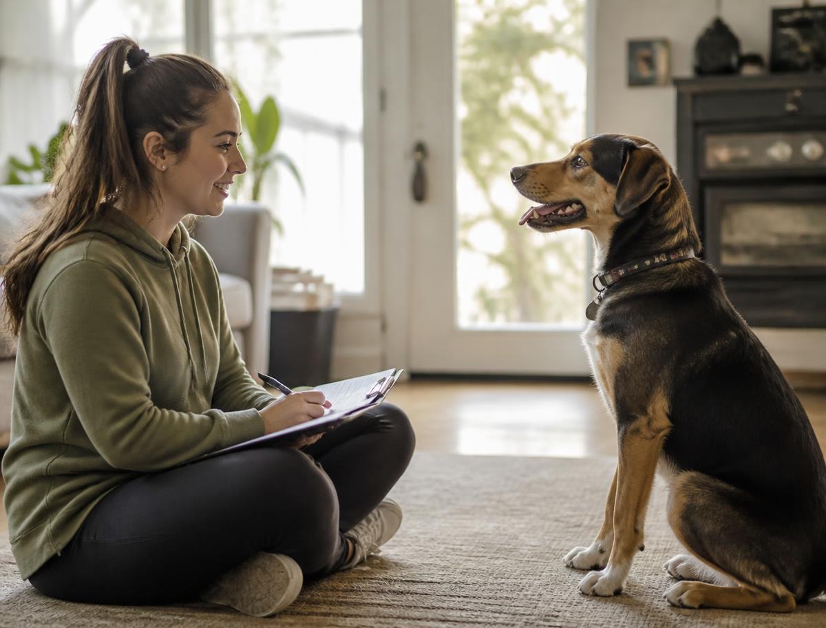 Trainer assessing a dog with a clipboard during a first in-home evaluation