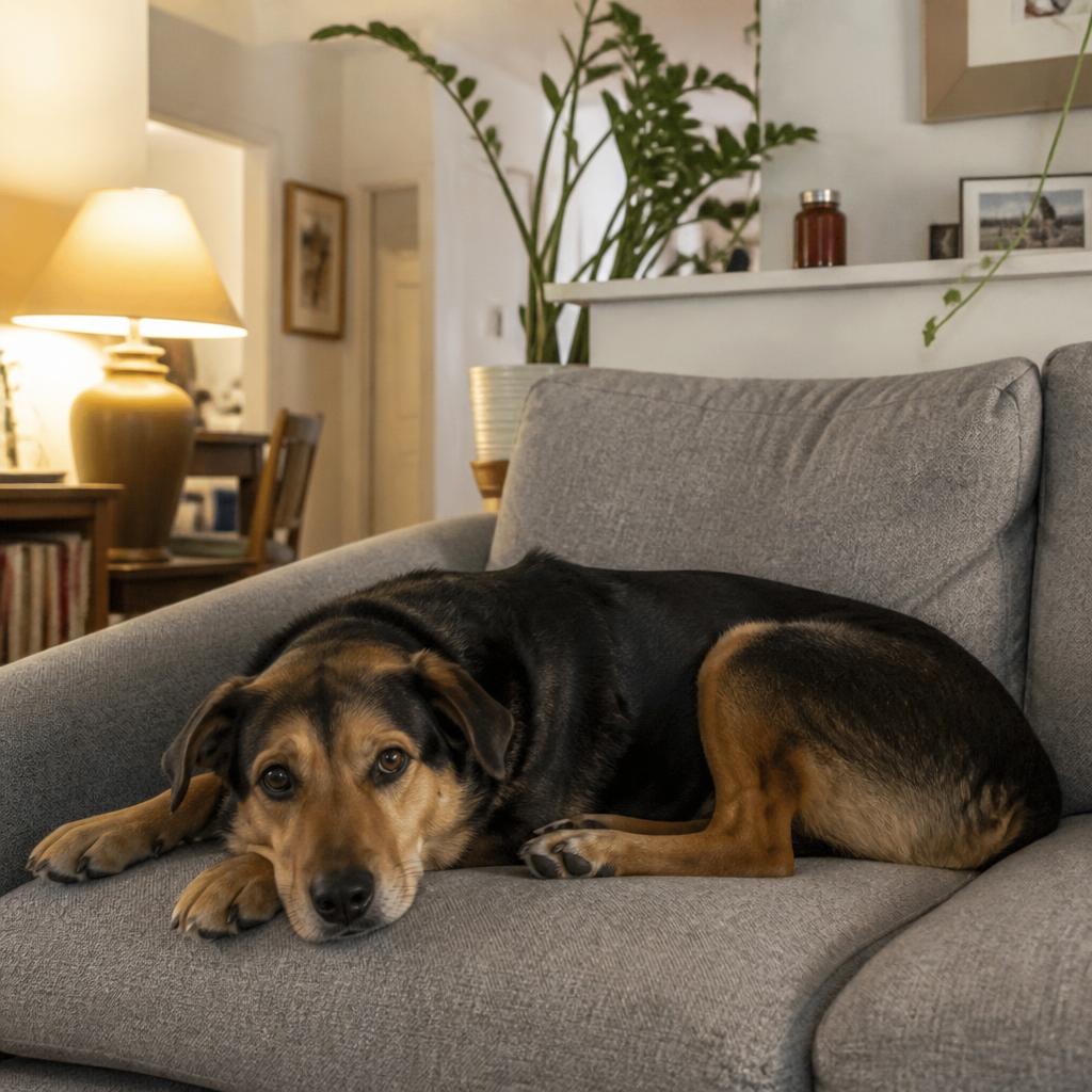 A dog resting comfortably at home during a pet sitting visit